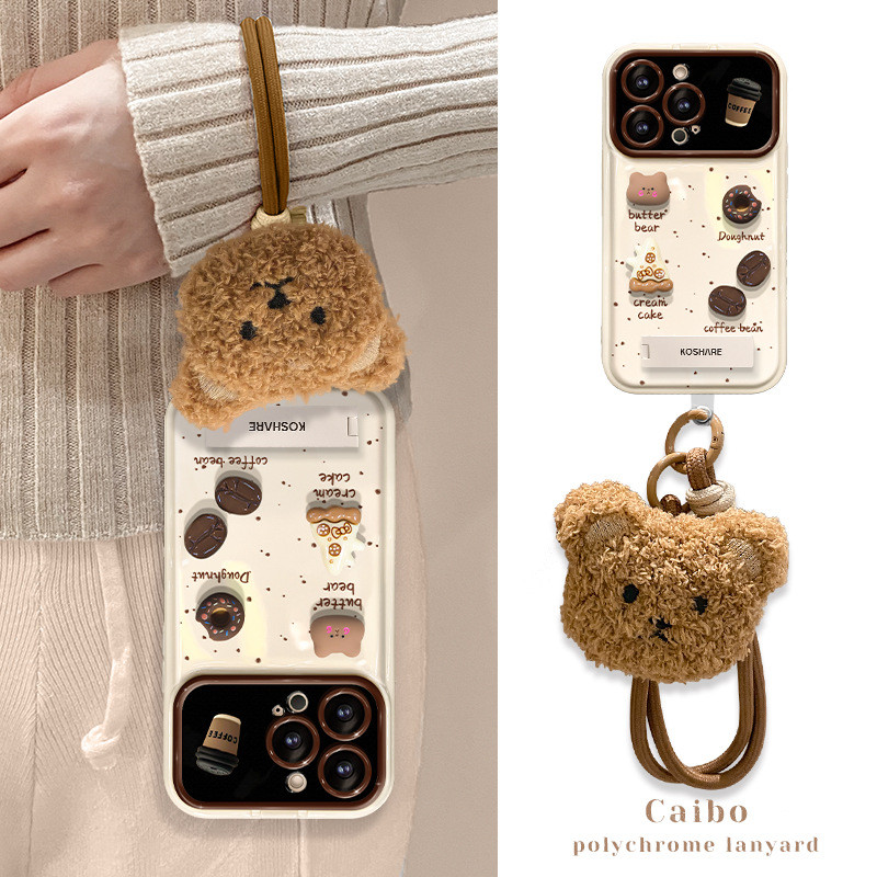 💖ขายร้อน💖 ตุ๊กตากาแฟ iPhone 16 Pro Max เคสโทรศัพท์ iPhone 15 14 13 12 Flip Mirror Lanyard เคสป้องกัน