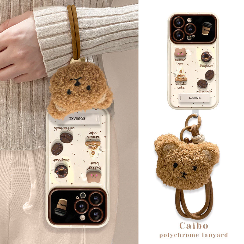 💖ขายร้อน💖 ตุ๊กตากาแฟ iPhone 16 Pro Max เคสโทรศัพท์ iPhone 15 14 13 12 Flip Mirror Lanyard เคสป้องกัน