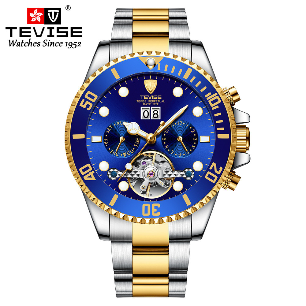 Tevise T823F Swiss Green Water Ghost Calendar Mechanical High-End Simple กันน้ํานาฬิกาผู้ชายพร้อมสต็อก