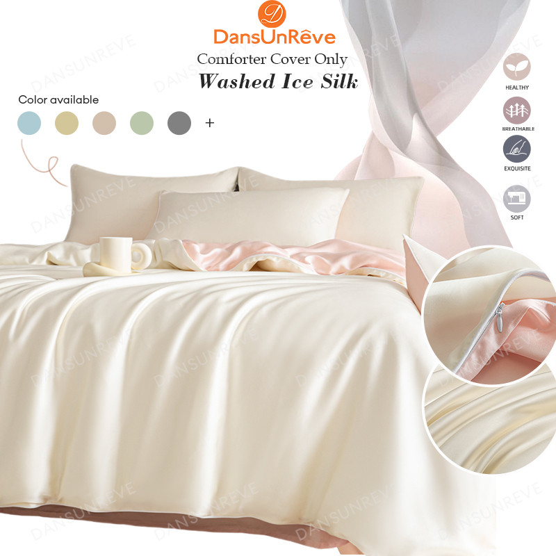 Dansunreve 1 ชิ้น ปลอกผ้านวม ผ้าแพร ลื่น ไม่มีผ้านวม Luxury silk cooling สีทึบ ผ้าไหมน้ําแข็ง ปลอกผ้าห่ม duvet cover