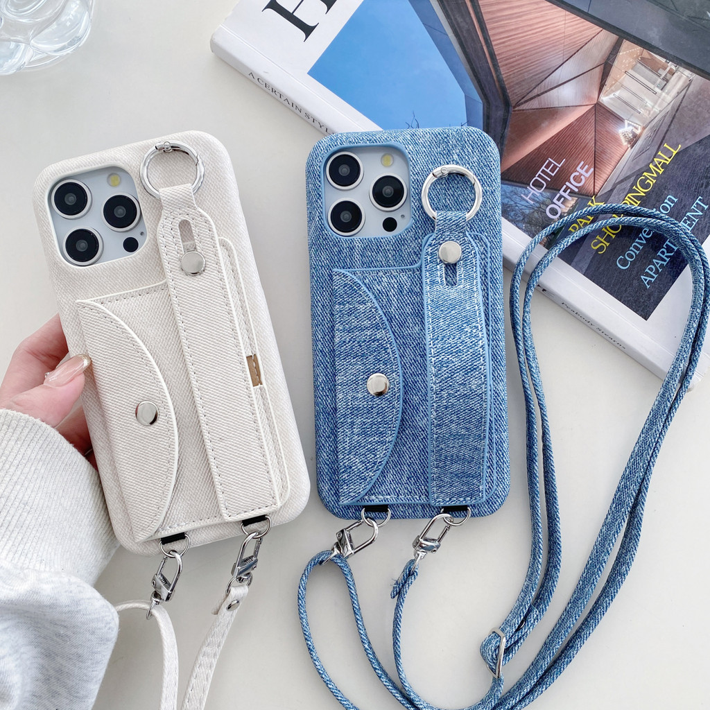 Lanyard ผ้า denim ช่องใส่การ์ดสายรัดข้อมือคู่เรียบง่ายสบายๆเคสโทรศัพท์สีทึบสําหรับ iphone 17promax 17Air 16 15 14 13 12 11 Pro Max plus anti-drop โทรศัพท์ฝาหลังกรณี