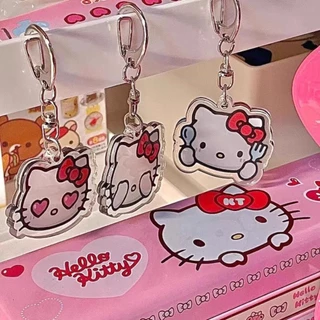 Sanrio Hello Kitty พวงกุญแจอะคริลิคใสสองด้านน่ารักสาวกระเป๋าจี้เครื่องประดับ Ins อุปกรณ์เสริมพวงกุญแจขาตั้งแท็ก