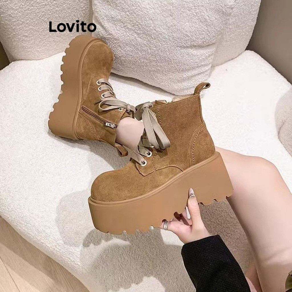 Lovito วินเทจวินเทจสีพื้นกลางหลอด Maillard อเนกประสงค์กระโปรงหนา Soled Martin รองเท้าแฟชั่น Boot สําหรับผู้หญิง  LFA60393