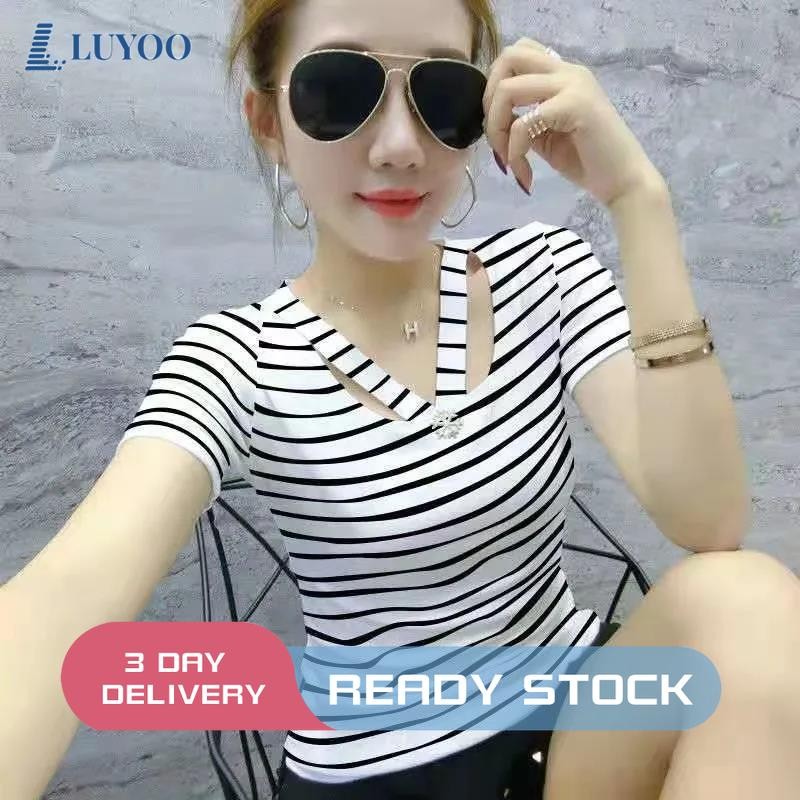 Luyoo Stripe Tshirt สําหรับผู้หญิง V คอสั้นเกาหลี T เสื้อ