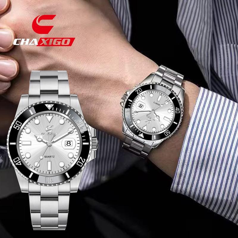 Chaxigo นาฬิกาผู้ชาย กันน้ำ 100% มาแรง หน้าปัดใหญ่ 43mm ดีไซน์หรูหรา สีดำ ไฟเรืองแสง ตัวเรือนสแตนเลส เครื่องควอตซ์ สไตล์ธุรกิจ พร้อมส่ง KG130Zsongkran