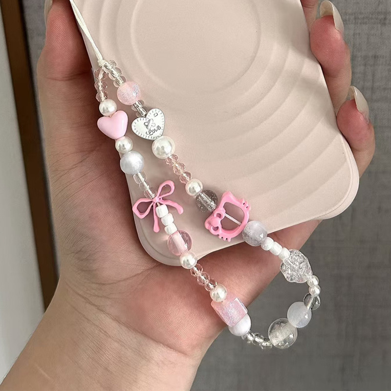 Kt Cat สีชมพูสาว diy โทรศัพท์มือถือ Lanyard ลูกปัด ccd กล้องแขวนโซ่จี้ ins Chain