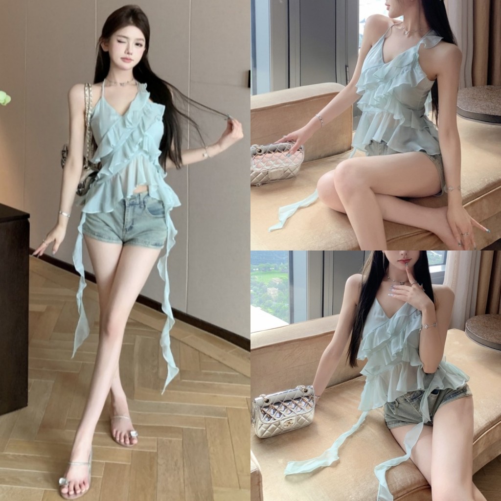 🍑Evelyn🍑เสื้อสายเดี่ยว ผ้านิ่มลื่นสีเขียว ดีเทลปลายพริ้ว สวยๆ เสื้อกล้าม สายเดี่ยว ทรงสวย แฟชั่นฤดูร้อน