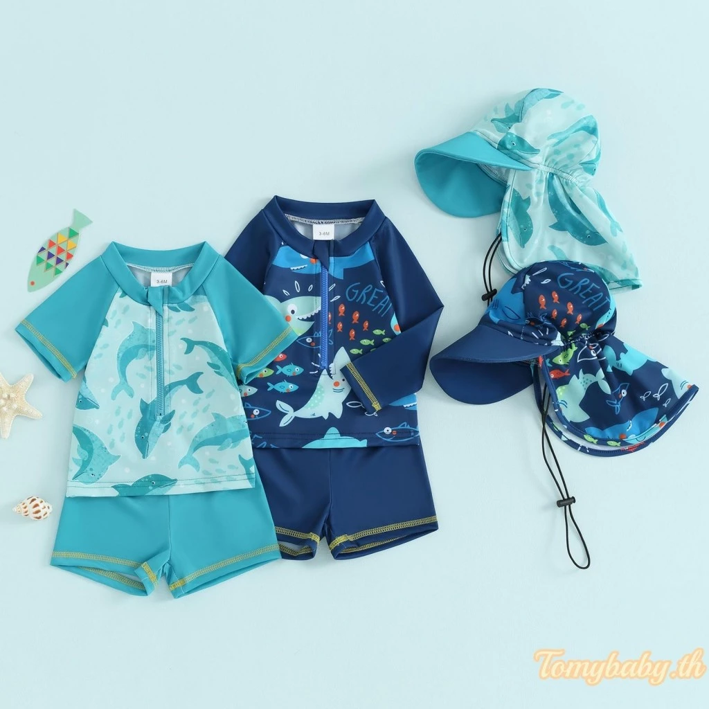 ชุดว่ายน้ำเด็กชายแขนสั้นลายฉลามและโลมา เสื้อ + กางเกงขาสั้น + หมวก