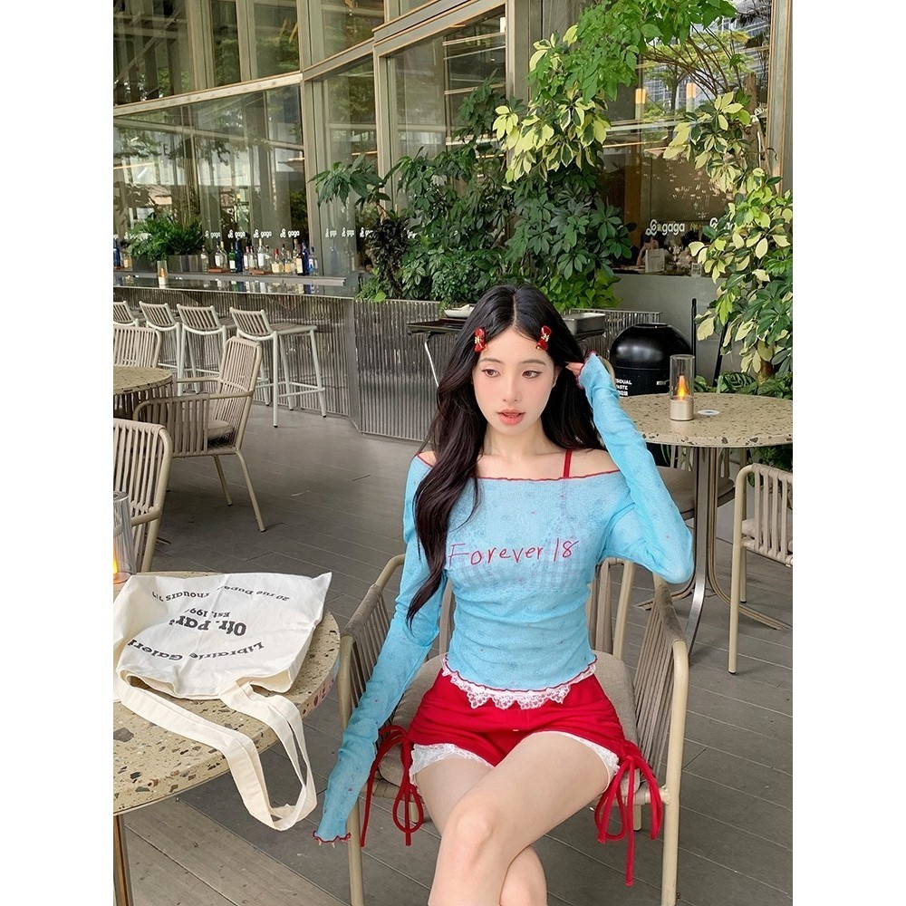 JJ Shop​💜​พร้อมส่ง เสื้อแขนยาวซีทรู /สายเดี่ยวบรา มินิมอลสไตล์ สีสดใส ใส่สบายซับเมอร์ 