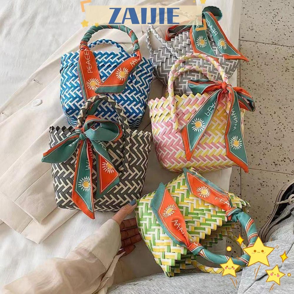 Zaijie24 กระเป๋าฟาง ลายทาง ฤดูร้อน ชายหาด ผู้หญิง กระเป๋าโท้ท ของขวัญ เดินทาง ตะกร้าผัก