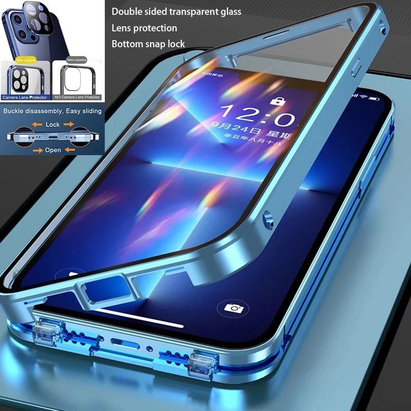 เคสป้องกันโทรศัพท์มือถือกระจก แบบแม่เหล็ก สองด้าน 360 องศา สําหรับ iPhone 15 14 12 11 Pro 13 Max Plus