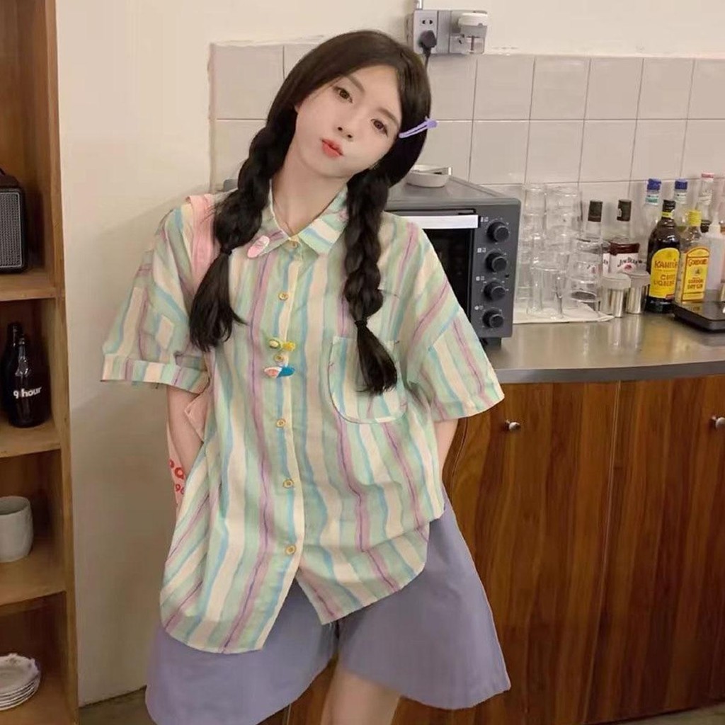 👚Anna👚W358❤️ เสื้อเชิ้ต ครอป แขนสั้น  ลายทาง กระเป๋า2ข้าง กระดุมหน้า เสื้อผ้าผู้หญิงสไตล์เกาหลีใส่กับอะไรก็ปัง