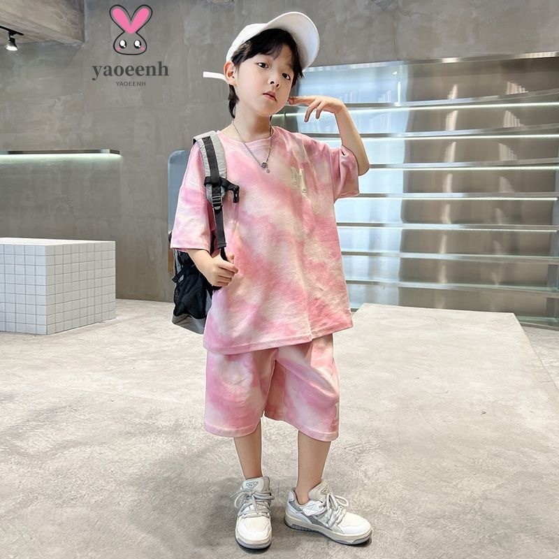 【YAOEENH】พร้อมส่ง ชุดกีฬา เสื้อแขนสั้น กางเกงขาสั้น พิมพ์ลายตัวอักษร สีชมพู แฟชั่นฤดูร้อน สําหรับเด็กผู้ชาย และเด็กผู้หญิง 120-170 ซม.