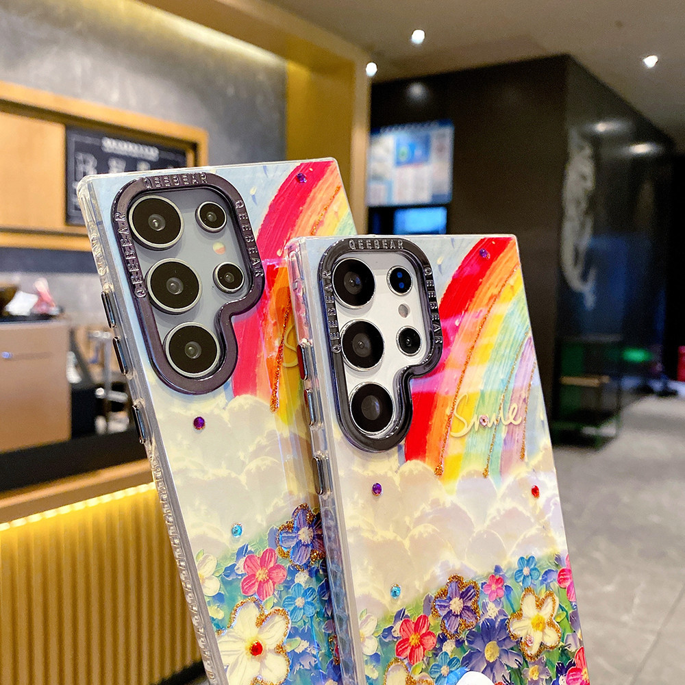 เคสโทรศัพท์มือถือ ซิลิโคนนิ่ม TPU กันกระแทก ลายภาพวาดสีน้ํามัน รูปผีเสื้อ ดอกไม้ พร้อมสายคล้อง และคลิปหนีบ สําหรับ Samsung Galaxy S24 S23 Ultra S23 Plus S24Plus S23Ultra