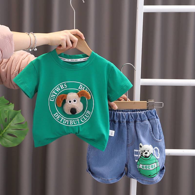 เสื้อยืดแขนสั้น ผ้าฝ้าย พิมพ์ลายสุนัข และกางเกงยีนขาสั้น สําหรับเด็กวัยหัดเดิน 2 ชิ้น