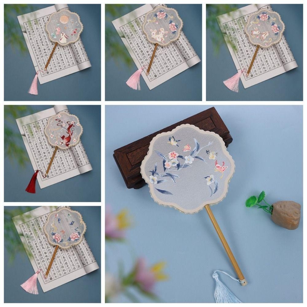 แฟชั่นเดน พัดลมทรงกลม,พัดลมผ้าไหมกึ่งโปร่งใสปัก,ตกแต่งบ้านสองด้านวินเทจกับพู่พัดลมมือผู้หญิง - รูปที่ 3