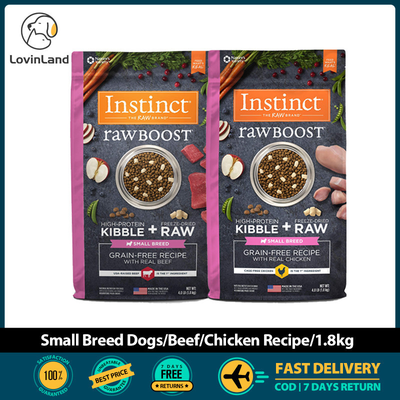 Instinct Raw Boost สูตรเกรนฟรีพันธุ์เล็กพร้อมเนื้อและเนื้อไก่แท้ อาหารสุนัขแห้งธรรมชาติ 1.8กก./4.5กก.(บีฟ 4 ปอนด์ 2026.04)