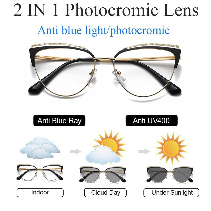 โลหะ Cat Eye Photochromic ป้องกันรังสีแว่นตาสําหรับผู้หญิงผู้ชายแว่นตากันแดดกรอบแว่นตา Transition Shade เปลี่ยนเลนส์แว่นตาคอมพิวเตอร์ Anti Blue Light Transitional - รูปที่ 2