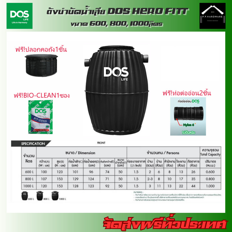 DOS ถังบำบัดน้ำเสีย DOS HERO FITT ขนาด 600, 800, 1000ลิตร แถมฟรี!! ข้อต่อFlex ปลอกคอถัง หัวเชื้อจุลินทรีย์