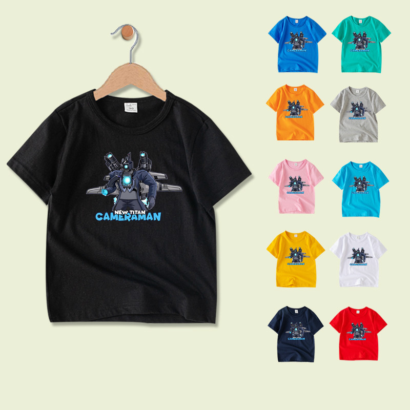 เสื้อผ้าเด็กชาย Skibidi Toilet TITAN CAMERAMAN เสื้อยืดเด็กแขนสั้นผ้าฝ้าย 100% 8 สี NE033