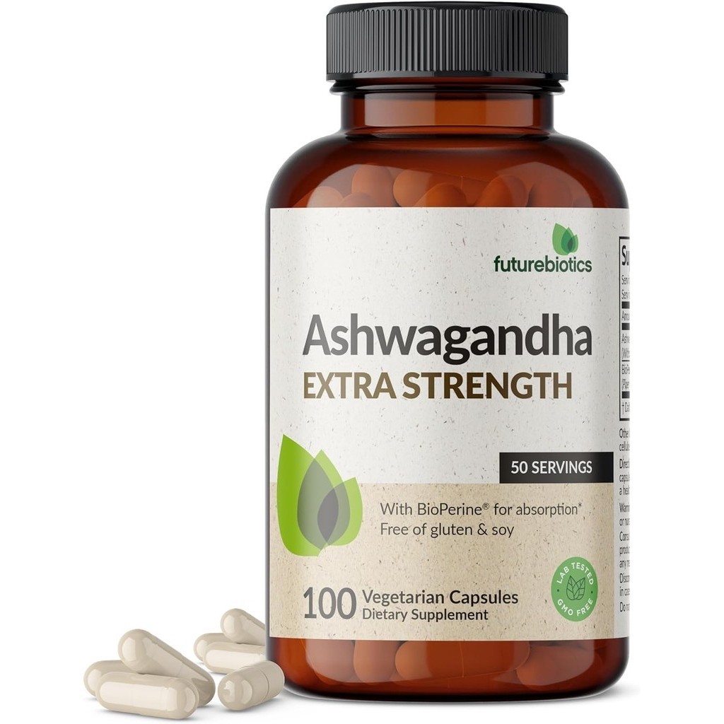 Futurebiotics Ashwagandha Extra Strength Stress &amp; Mood Support with BioPerine Non GMO Formula 100 แคปซูลมังสวิรัติ