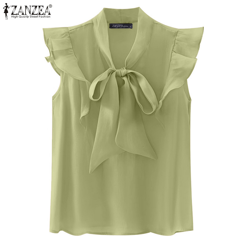Zanzea ผู ้ หญิงแฟชั ่ นเกาหลีคอวีแขนกุด Ruffles ผูกปมหลวมเสื ้ อ