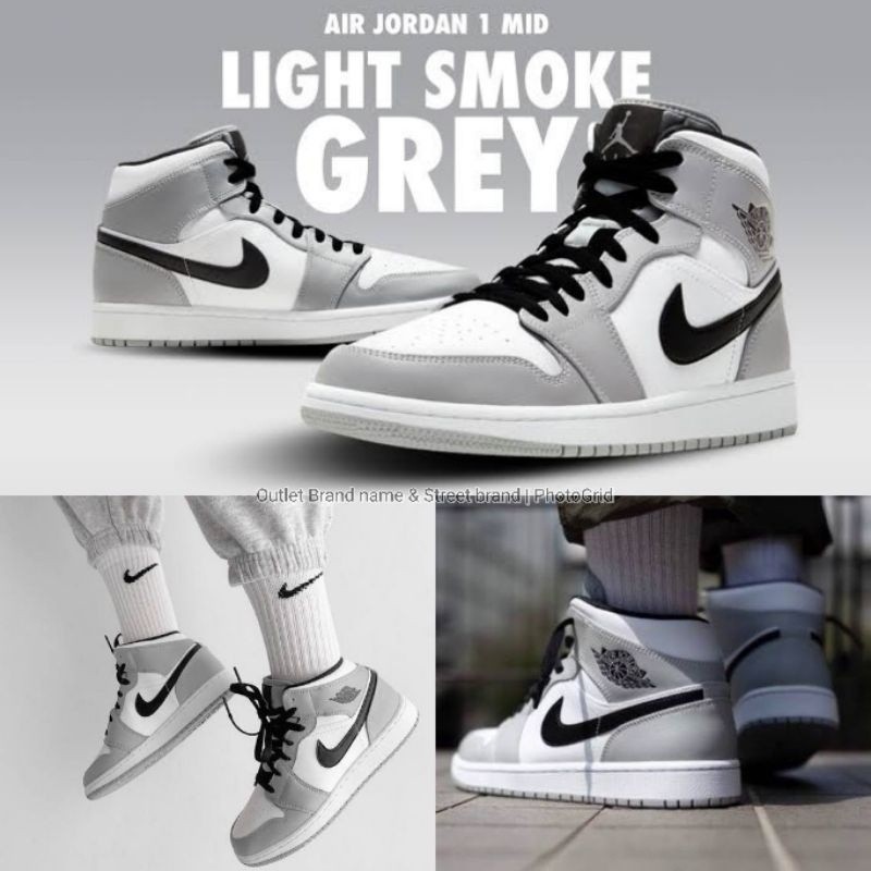 Nike Air Jordan 1 mid light smoke Grey รองเท ้ าผ ้ าใบ Unisex ผู ้ ชายผู ้ หญิงของแท ้ จัดส ่ งฟรี
