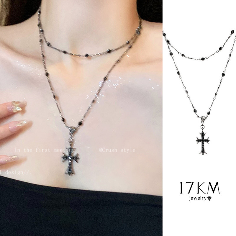 17km Retro Black Gem Cross สร ้ อยคอ Double Layer Chain Choker สําหรับผู ้ หญิงเครื ่ องประดับอุปกรณ ์ เสริม