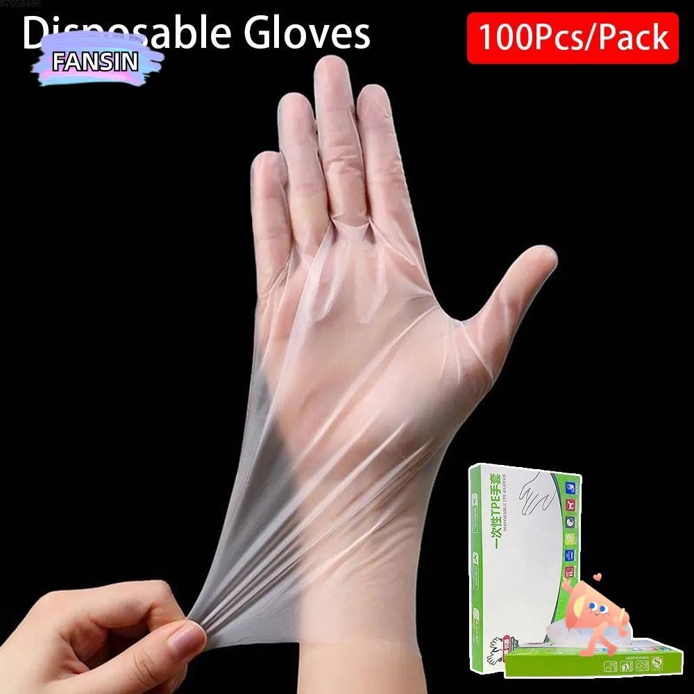 Fansin ถุงมือแบบใช้แล้วทิ้ง 100 ชิ้น, ถุงมือทําความสะอาดความปลอดภัยในการทํางานกรดเกรดอาหาร, ถุงมือฟรียางลาเท็กซ์ใส TPE กันลื่น