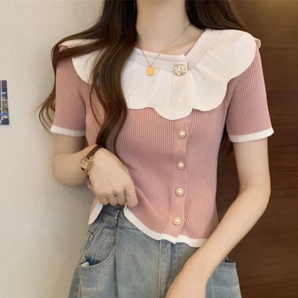 JPG พร้อมส่ง เสื้อถักแขนสั้น กลีบดอกไม้ คอปกแต่ง ใส่สบาย สุดน่ารัก