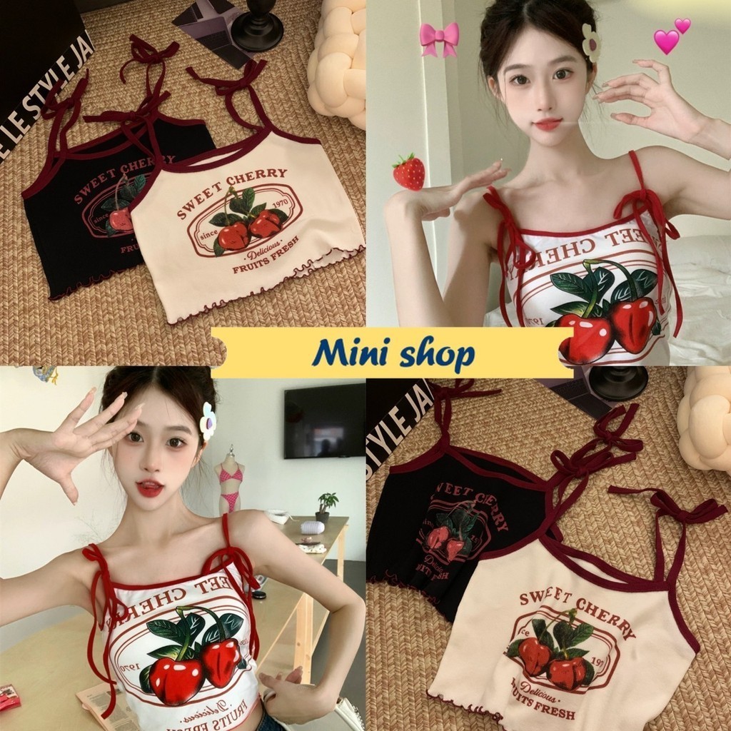Mini shop พร้อมส่ง (M5552) เสื้อสายเดี่ยวไหมพรม แบบผูกหัวไหล่ ลายเชอร์รี่ สีขาวดำ เก๋ๆ สดใสเวอร์