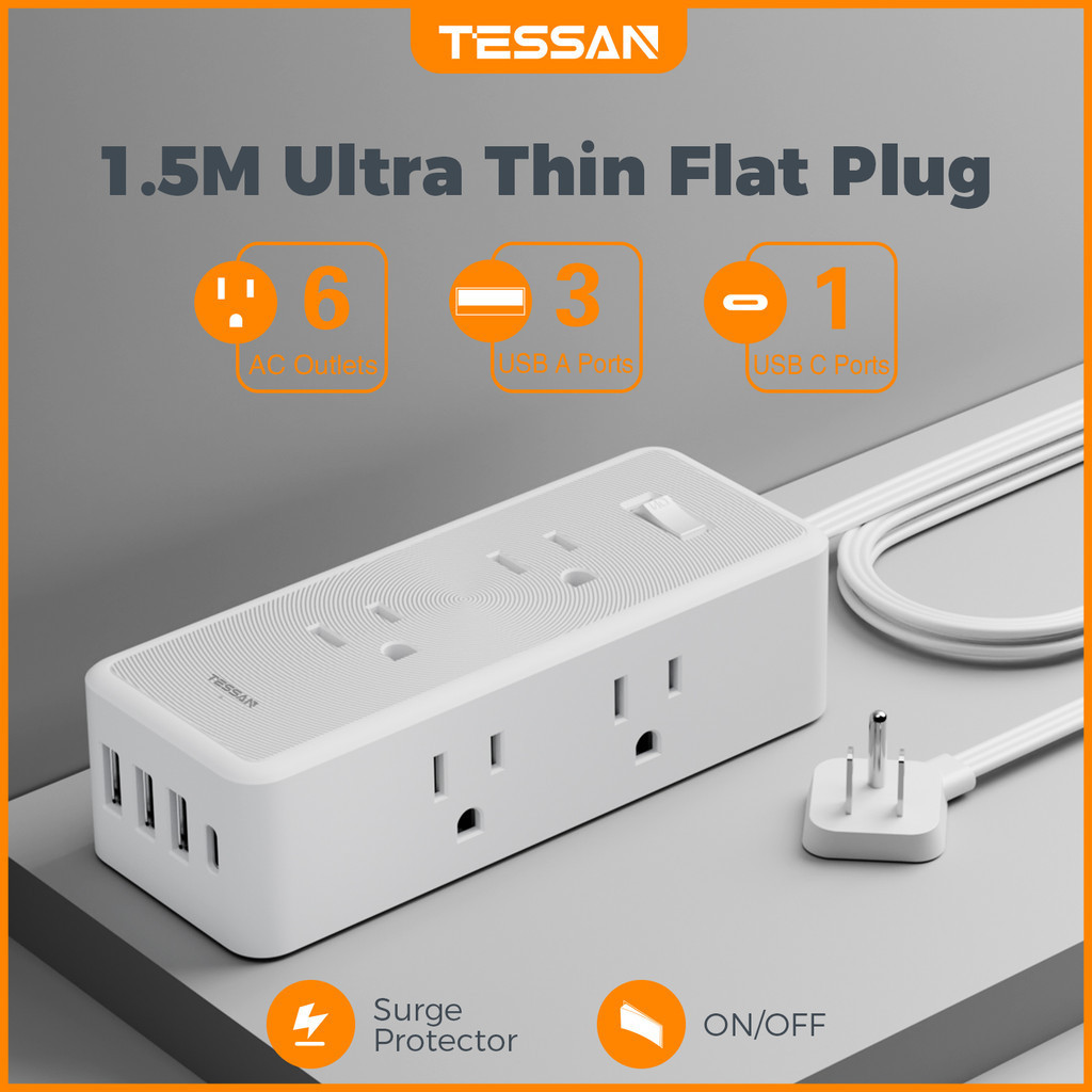 TESSAN ปลักไฟ ปลั้กพ่วง รางปลั๊กป้องกันไฟกระชาก ปลั๊กแบนบาง 5 ฟุตพร้อมช่องจ่ายไฟ AC 6 ช่อง 4 USB (1 USB C)