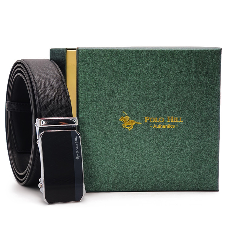 [PLUS Size] POLO HILL Mens Signature Series หนังเทียมหัวเข็มขัดอัตโนมัติ 140 ซม. กล่องเข็มขัด