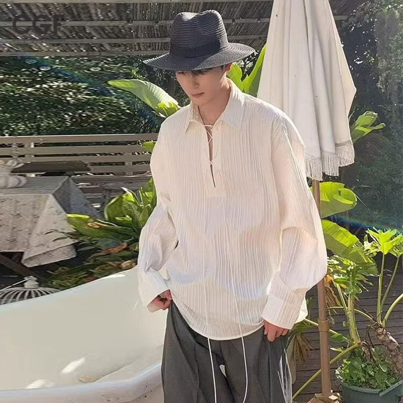 Chaogongfang essentials เสื้อเชิ้ตเชือกรูดจับจีบสไตล์เกาหลี เสื้อเชิ้ตแขนยาวลำลองหลวมอเนกประสงค์