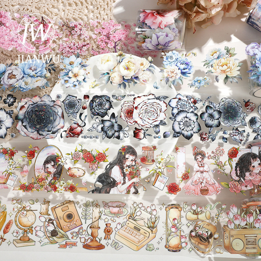 Jianwu 200 ซม./ม้วน Kawaii ตัวอักษรดอกไม้วัสดุ Collage Bronzing PET เทป Creative DIY Journal Scrapbooking เครื่องเขียน