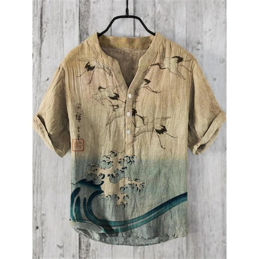 ผู้ชายญี่ปุ่นแฟชั่นขนาดเล็กคอวีเสื้อ henley ผู้ชายวินเทจญี่ปุ่นศิลปะ Magnolia ดอกไม้ V คอเสื้อลําลอง