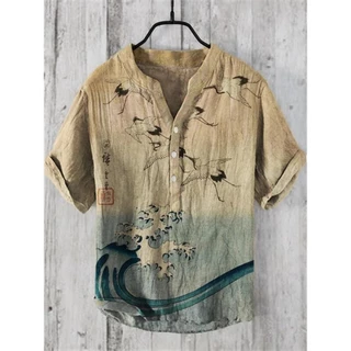 ผู้ชายญี่ปุ่นแฟชั่นขนาดเล็กคอวีเสื้อ henley ผู้ชายวินเทจญี่ปุ่นศิลปะ Magnolia ดอกไม้ V คอเสื้อลําลอง