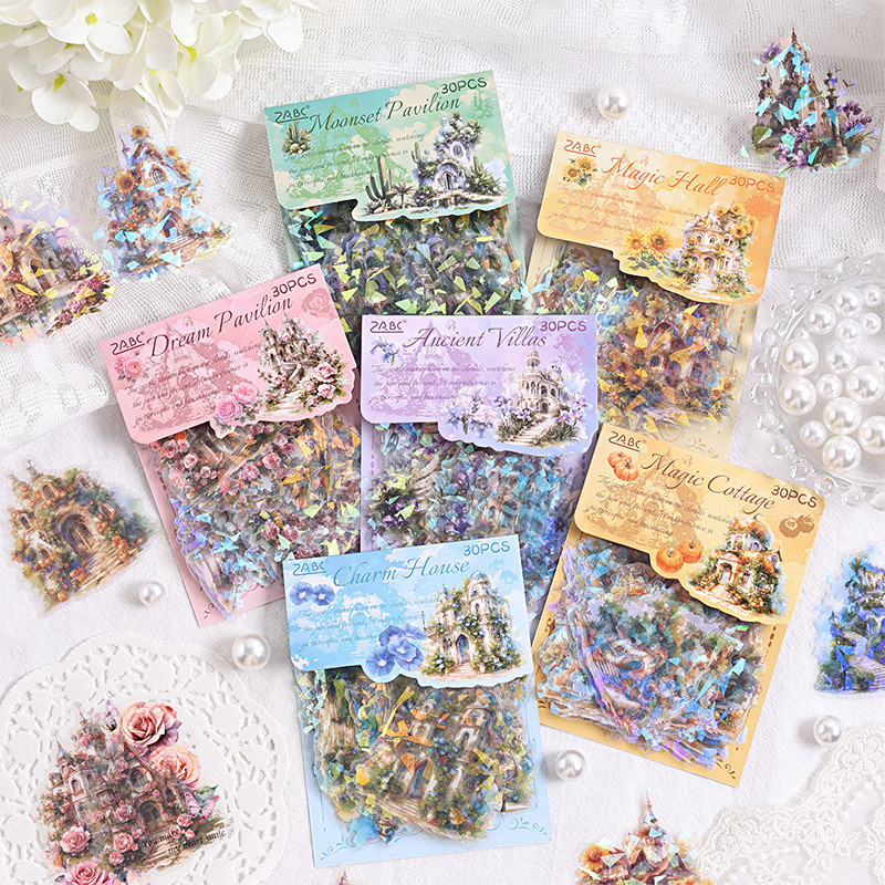 Journamm 30 ชิ้น/แพ็ค MAGIC VILLA สติกเกอร์ PET วัสดุ DIY ตัด Collage ไดอารี่ Scrapbooking Decor สติกเกอร์เครื่องเขียน