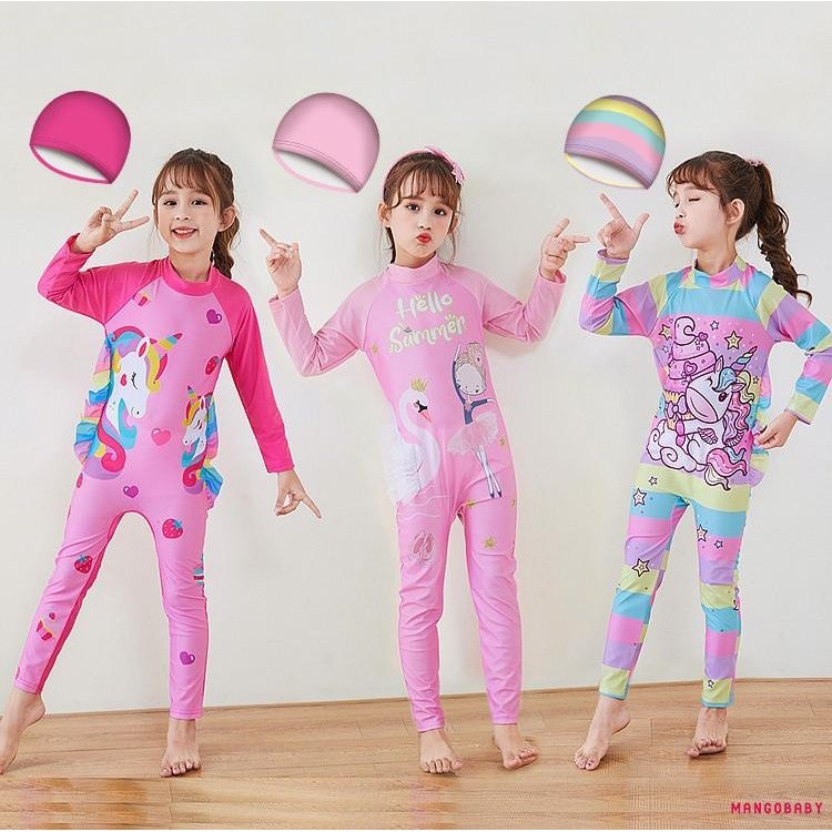 Mg-kids Girls Rash Guard ชุดว่ายน้ํา Jumpsuits พิมพ์การ์ตูนซิปแขนยาวชุดว่ายน้ําป้องกันแสงแดดพร้อมหมวกว่ายน้ํา