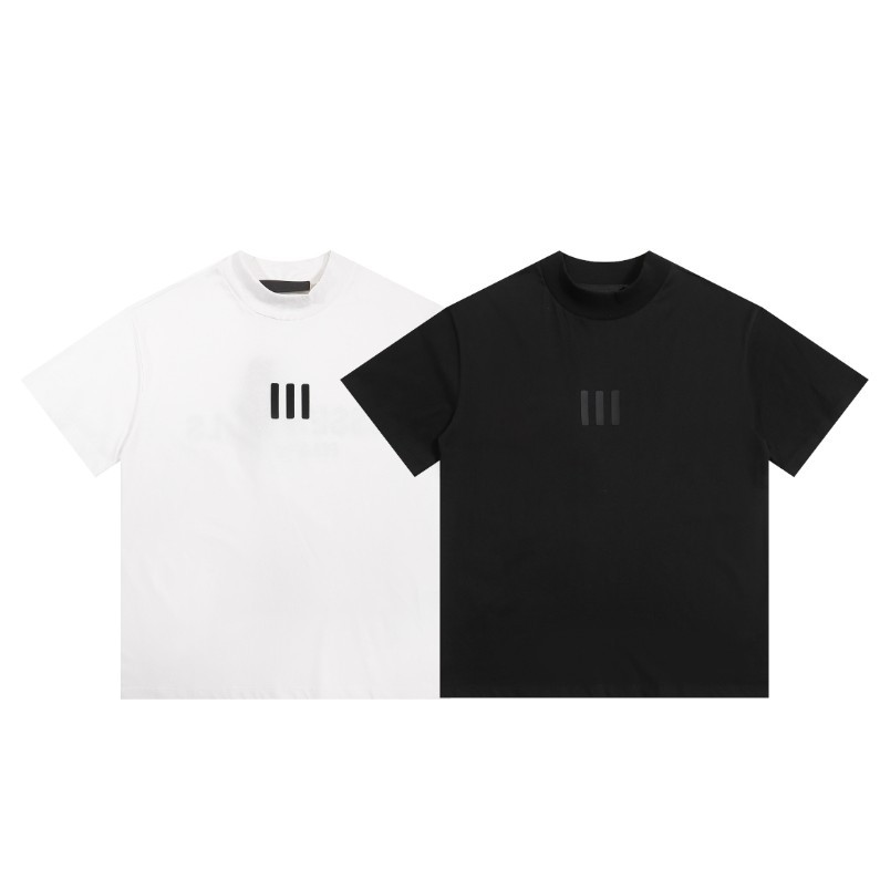 ผ้าฝ้ายแท้ RRR123 ป้ายสีดําสามแนวตั้งเสื้อยืดแขนสั้น FOG ด้ายคู่ ESSENTIALS แขนสั้น high street คอกล