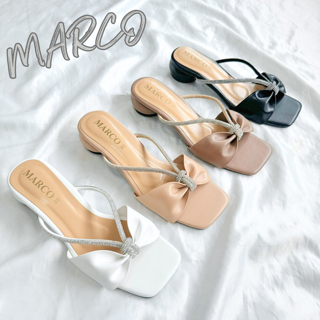 รองเท้าแฟชั่น แบรน์ด Marco รุ่น A1089 ส้นแก้วสูง 1 นิ้ว แต่งโบว์สายเพชร