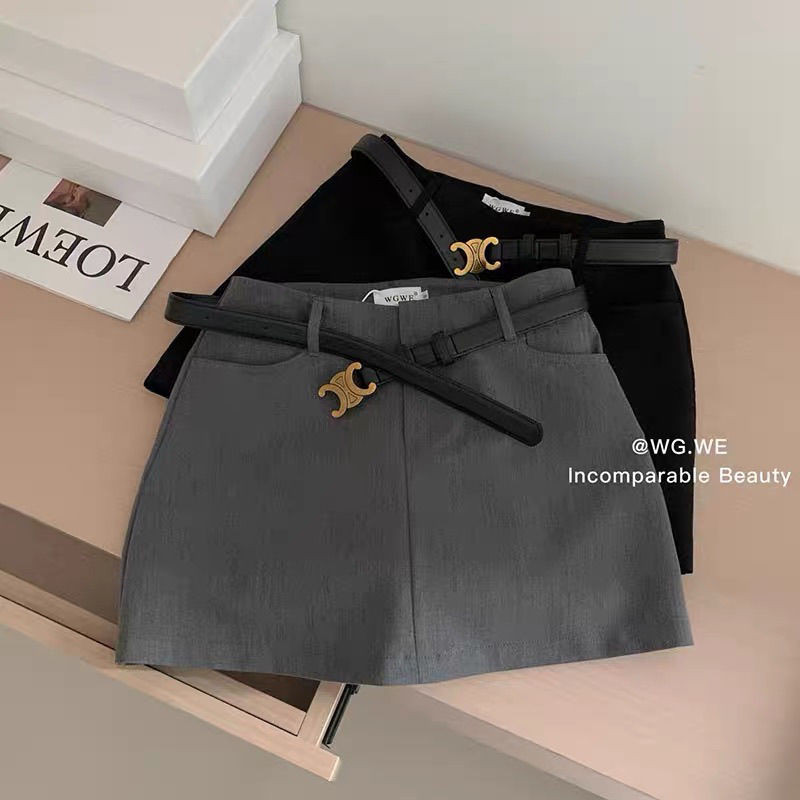 High-end สีเทาชุดกระโปรงหญิงฤดูใบไม ้ ผลิฤดูร ้ อนสาวร ้ อนเอวสูง Slimmer ดูสะโพกกระโปรง Anti-glare a-line กระโปรงสั ้ น