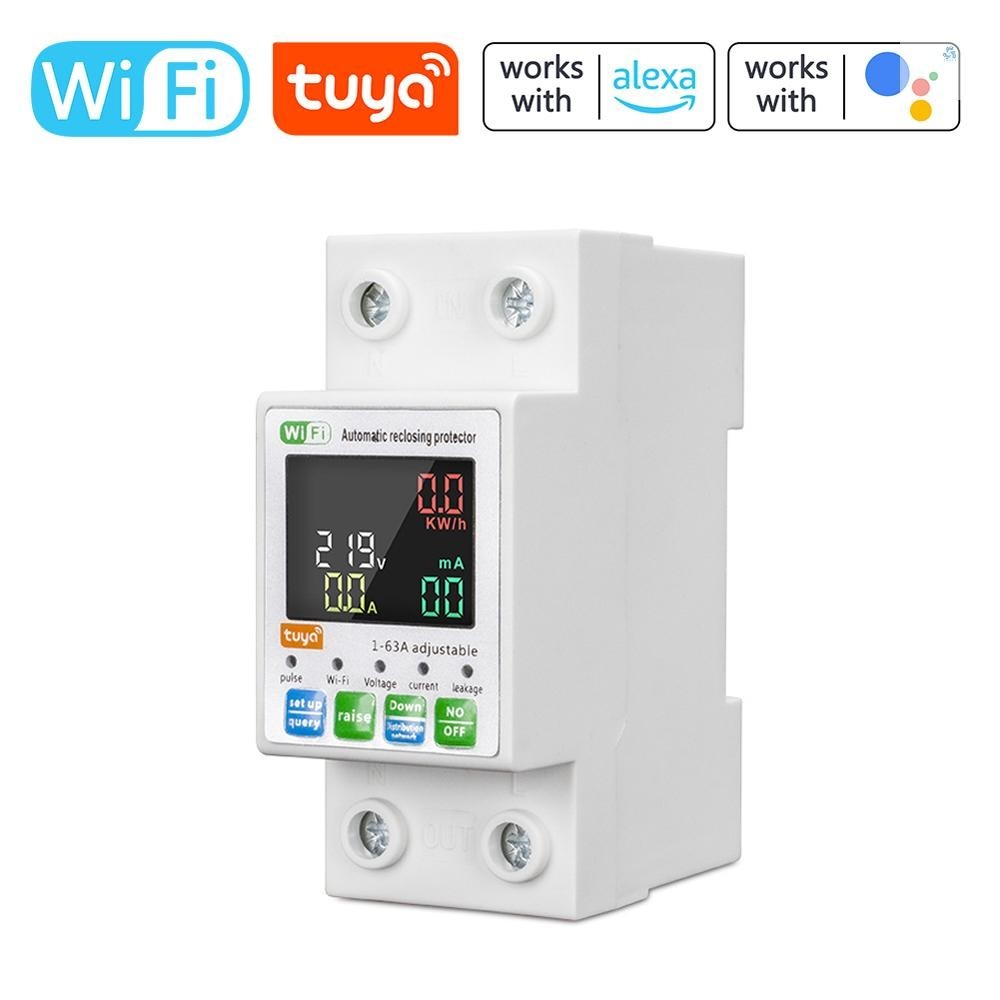 Tuya WiFi อัจฉริยะ Circuit Breaker Backlit เดี่ยว-Phase Energy Meter Auto-Reclosing Protector พร้อมจอแสดงผล LCD สนับสนุน APP รีโมทคอนโทรล Over/Under แรงดันไฟฟ้า Over-Current Leakage