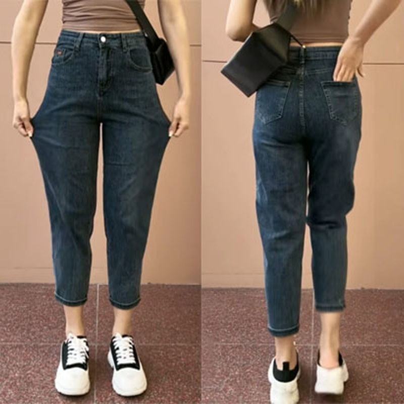 GHAOHESกางเกง ยีน วินเทจ เอวสูง ลำลองกระบอกตรง 5XL สีน้ำเงินเข้ม กางเกงยีนส์ผญ เ