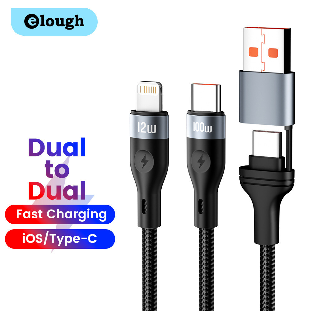 Elough 2 in 1 Multi-functional 100W Super Fast Charging Type C ถึง Type C Data Cable CL/USB Type C/USB-L สายชาร์จ 1.2M 1.8M สําหรับแล็ปท็อป