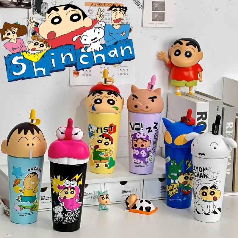 Crayon Shin-Chan แก้วกาแฟสเตนเลส 304 มีฉนวนกันความร้อน，ลายการ์ตูนชินจังน่ารัก พร้อมหลอดดูด พกพาง่าย ความจุเยอะ 600 มล. สําหรับเด็ก / ชินจัง ของแท้ของใหม่ 7-11