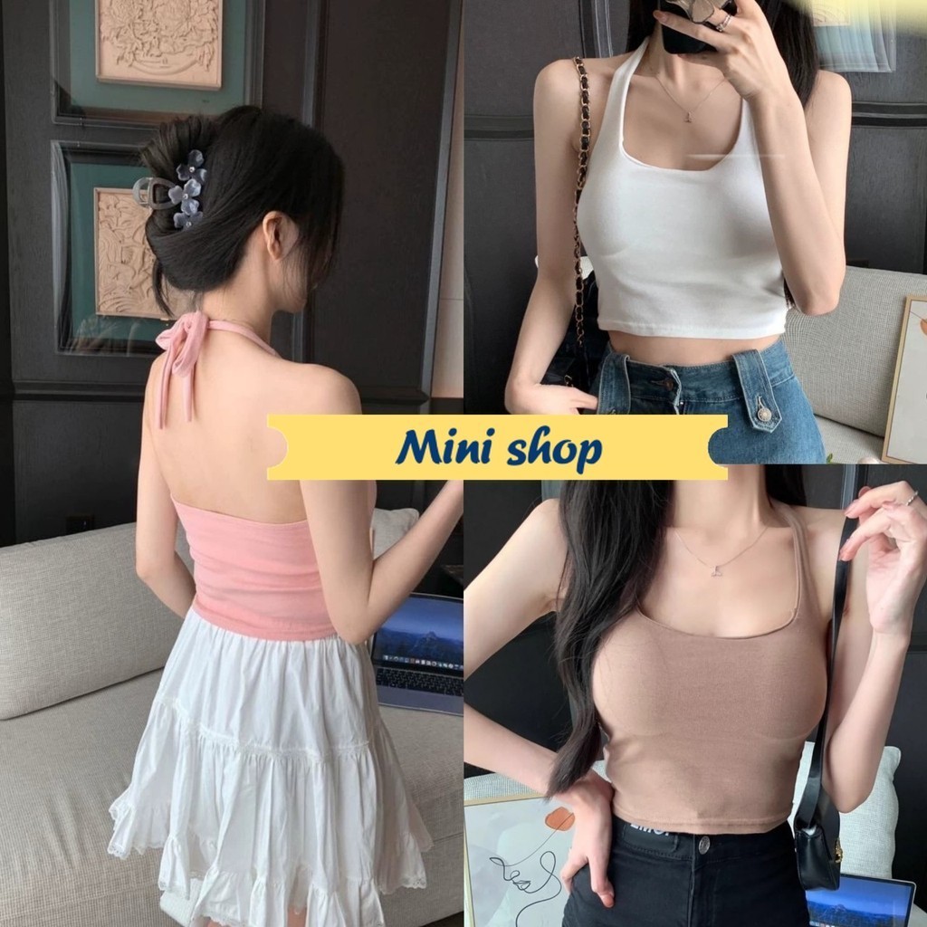 Mini shop🌸พร้อมส่ง🌸 (FYA070) เสื้อคล้องคอครอปสั้น มีฟองน้ำ ทรงรัดตัว ยืดใส่ง่าย คาวาอี้