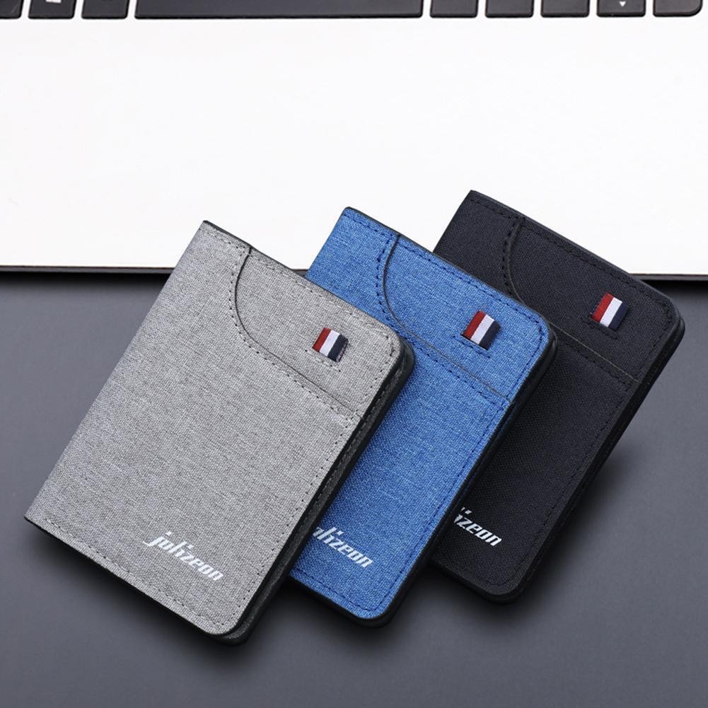 Short Mens Canvas Wallet Retrospective Design หลายช่องสําหรับผู้ถือบัตรแบบพกพาสีดําสีฟ้าหรือสีเทา