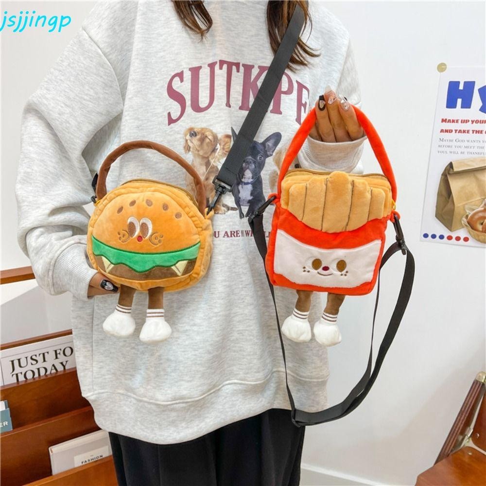JSJJINGP แฮมเบอร์เกอร์กระเป๋า Fluffy Crossbody Plush French Fries กระเป๋าถือ กระเป๋าสะพายสาว