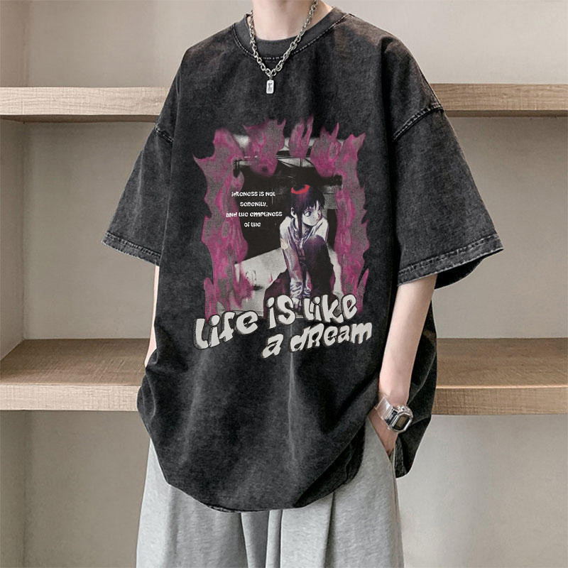 （จัดส่งตลอด 24 ชั่วโมง）HY   เสื้อยืดฟอก oversize ผ้าฝ้าย100% โอเวอร์ไซซ์ สีดําเข้ม เรโทร  เสื้อฟอกวิ